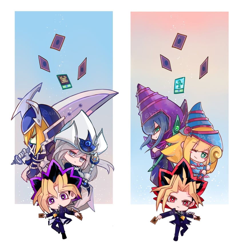dark magician girl, muto yugi, silent magician, yami yugi, dark magician, and 3 more (yu-gi-oh! and 1 more) drawn by cactusxii