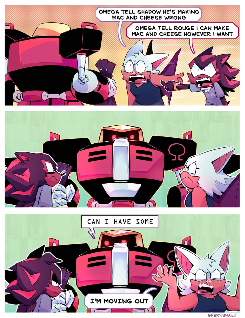 shadow the hedgehog, rouge the bat, and e-123 omega (sonic) drawn by fernsnailz