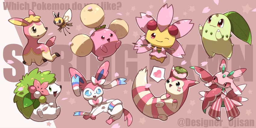 sylveon, chikorita, furret, shaymin, jumpluff, and 4 more (pokemon) drawn by designer_ojisan