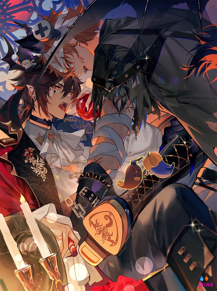 zhongli and tartaglia (genshin impact) drawn by qing