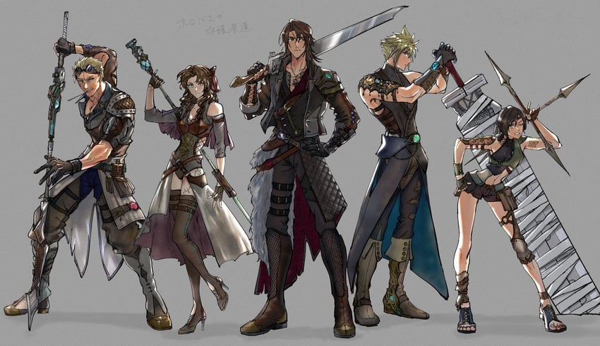 cloud strife, aerith gainsborough, yuffie kisaragi, squall leonhart, and cid highwind (final fantasy and 3 more) drawn by shio_ga