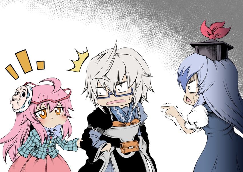 kamishirasawa keine, morichika rinnosuke, and hata no kokoro (touhou) drawn by hidefu_kitayan