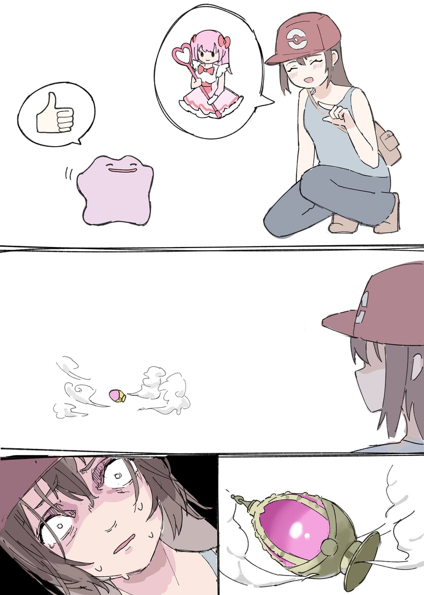 kaname madoka, ditto, and transformed ditto (pokemon and 1 more) drawn by rerendi