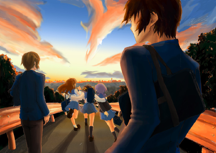 suzumiya haruhi, nagato yuki, asahina mikuru, kyon, and koizumi itsuki (suzumiya haruhi no yuuutsu) drawn by sakanarium