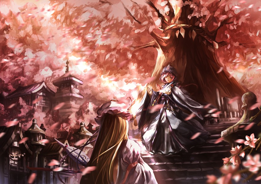 yakumo yukari, saigyouji yuyuko, and saigyou ayakashi (touhou) drawn by st06