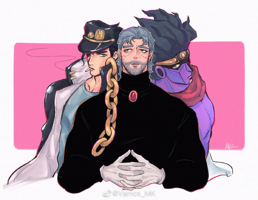 joseph joestar, kujo jotaro, and star platinum (jojo no kimyou na bouken and 1 more) drawn by vamos_mk