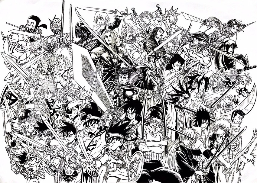 miki sayaka, link, roronoa zoro, sephiroth, uchiha sasuke, and 39 more (final fantasy and 45 more) drawn by lee_(dragon_garou)