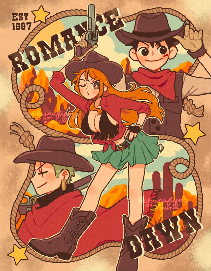 nami, monkey d. luffy, and roronoa zoro (one piece) drawn by chunafishy