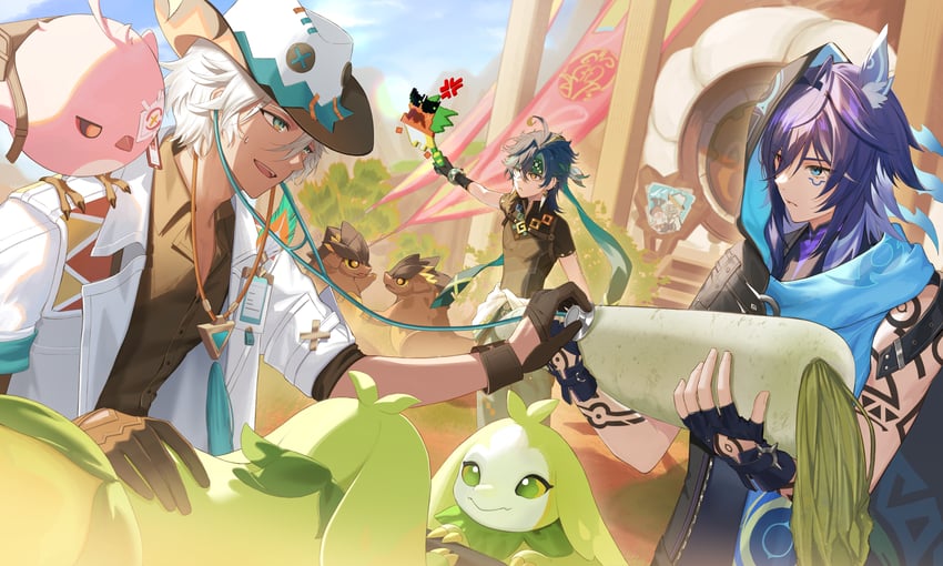 kinich, ororon, ajaw, ifa, yumkasaurus, and 2 more (genshin impact) drawn by kawausoman