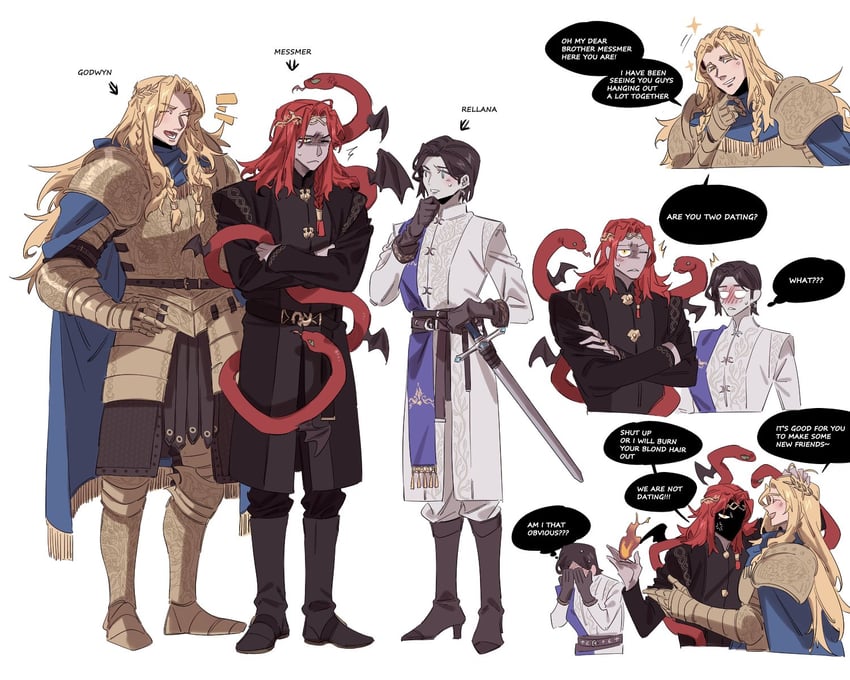 messmer the impaler, rellana twin moon knight, and godwyn the golden (elden ring and 1 more) drawn by nozakikotaro4