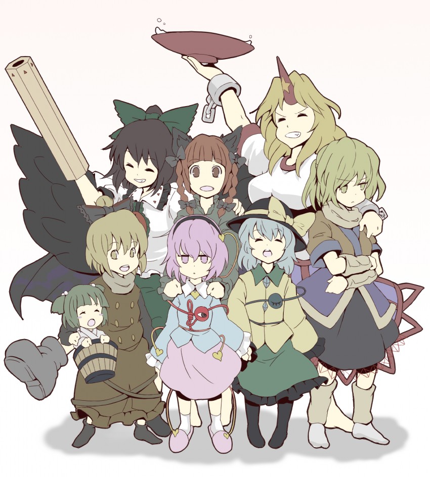 komeiji koishi, komeiji satori, kaenbyou rin, reiuji utsuho, mizuhashi parsee, and 3 more (touhou and 1 more) drawn by tsuttsu