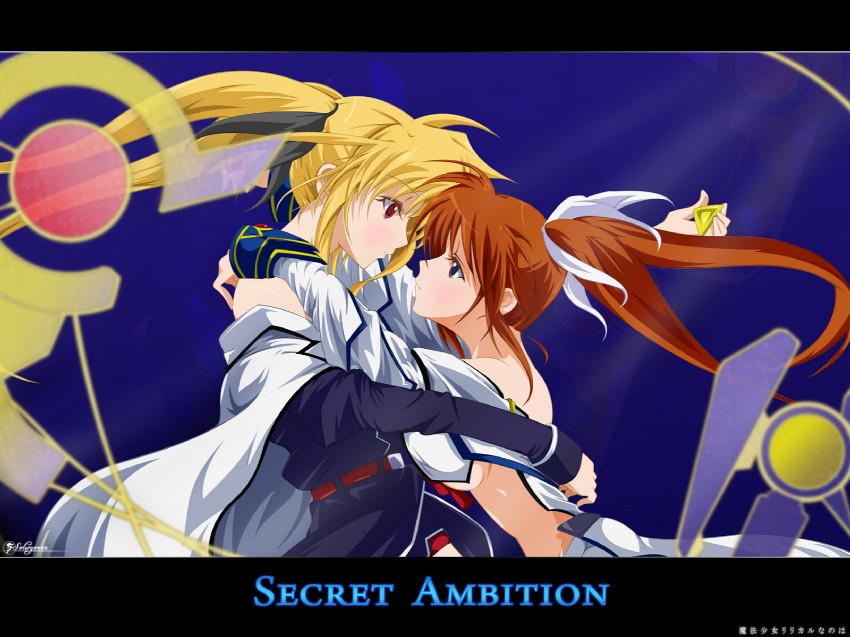 fate testarossa, takamachi nanoha, raising heart, and bardiche (lyrical nanoha and 1 more) drawn by solwyvern