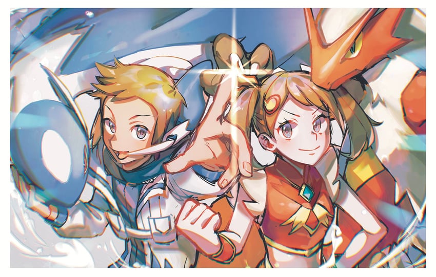 may, brendan, latios, and blaziken (pokemon and 1 more) drawn by kado_51