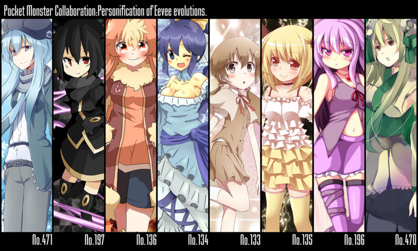 eevee, umbreon, glaceon, vaporeon, espeon, and 3 more (pokemon) drawn by clair_(v0yance), heath41, kousa_(black_tea), ominaeshi_(takenoko), rebecca_(keinelove), tanikake_yoku, and yutamaro