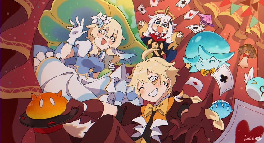 lumine, aether, paimon, slime, and fungi (genshin impact) drawn by hashibi_(noyasakihashibi)