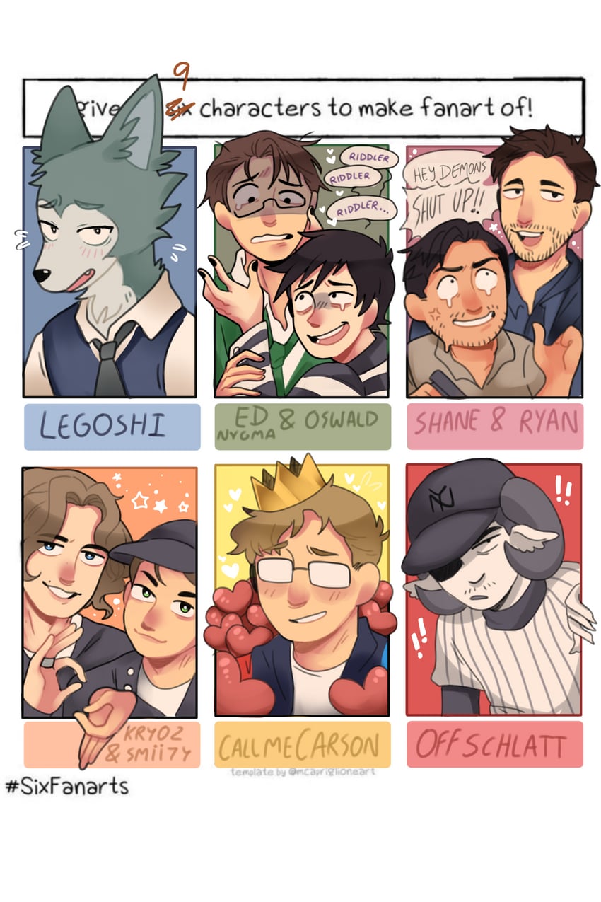 legoshi, the batter, jschlatt, oswald chesterfield cobblepot, edward nygma, and 5 more (real life and 7 more) drawn by gomi_(gomiidd)