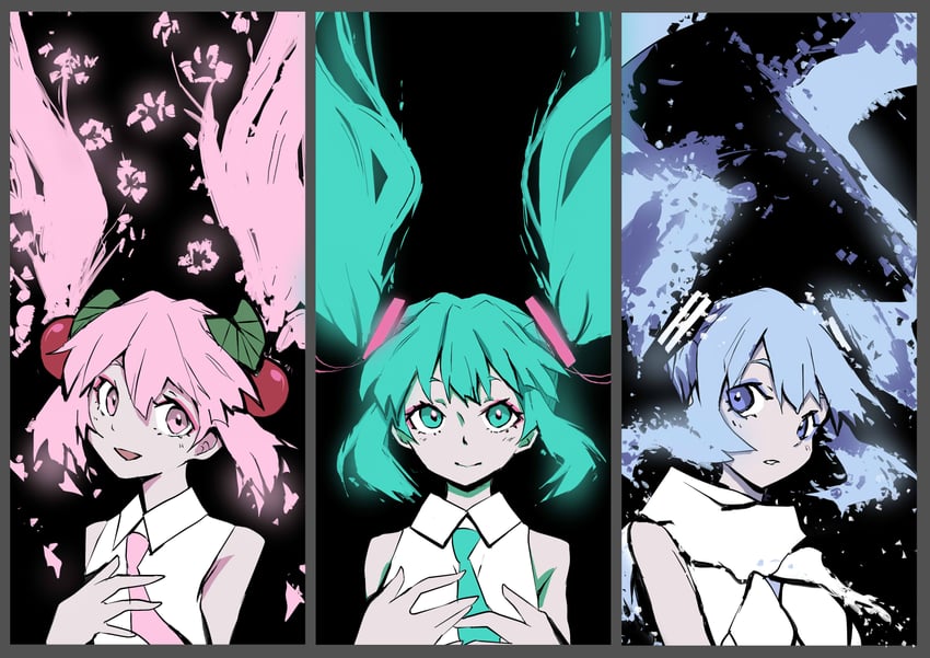 hatsune miku, yuki miku, and sakura miku (vocaloid) drawn by tn_scallion