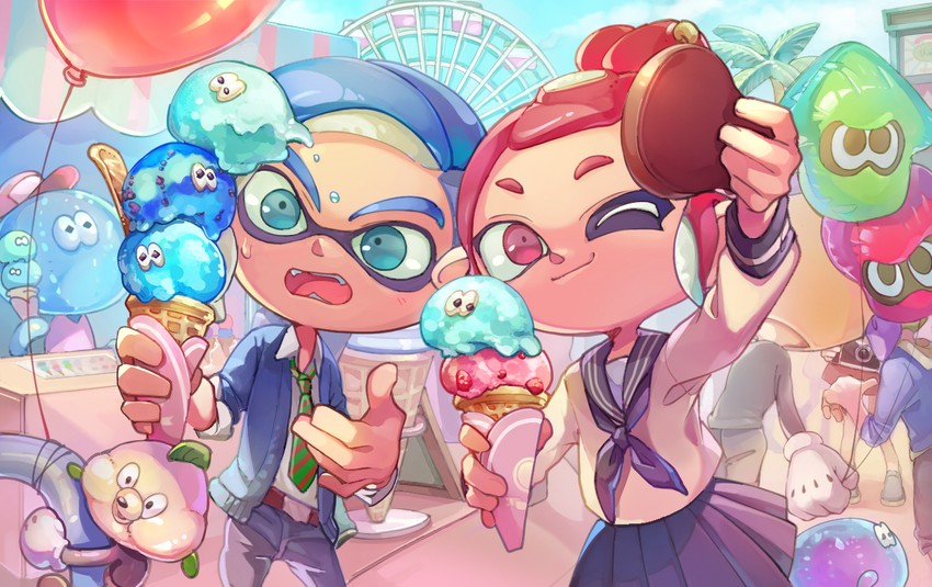 inkling player character, inkling girl, octoling player character, octoling girl, inkling boy, and 1 more (splatoon and 1 more) drawn by mkakimikan
