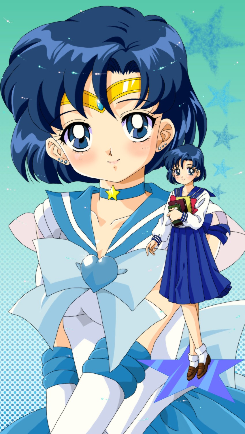 mizuno ami, sailor mercury, and super sailor mercury (bishoujo senshi sailor moon) drawn by mikiky