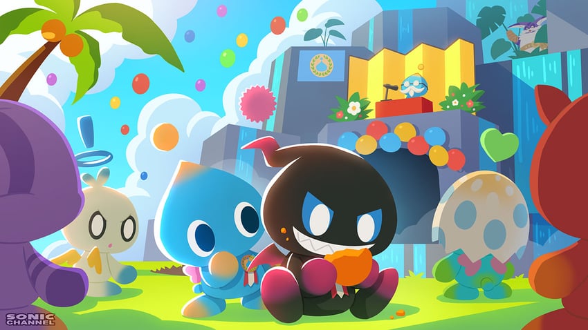 neutral chao, big the cat, dark chao, hero chao, and nights chao (sonic) drawn by karasuno_yui