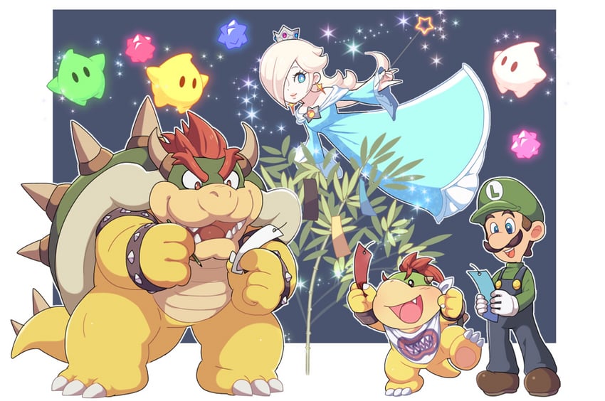 rosalina, luigi, bowser, luma, bowser jr., and 2 more (mario and 1 more) drawn by hoshikuzu_pan