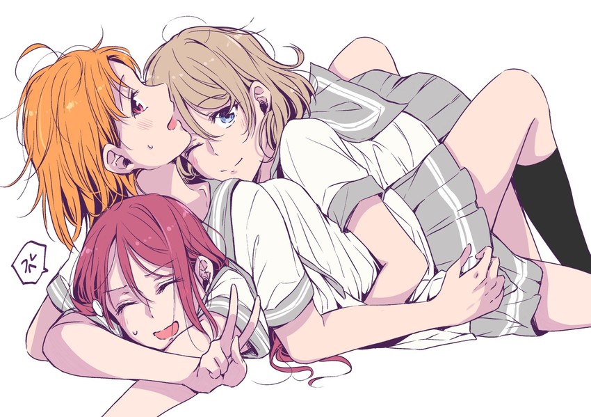 watanabe you, sakurauchi riko, and takami chika (love live! and 1 more) drawn by kougi_hiroshi