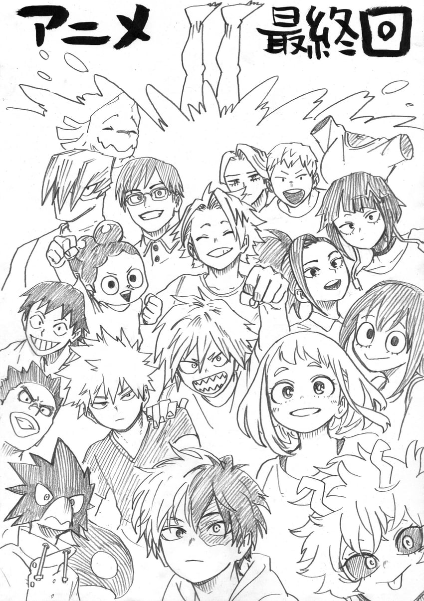 midoriya izuku, bakugou katsuki, uraraka ochaco, todoroki shoto, asui tsuyu, and 16 more (boku no hero academia) drawn by horikoshi_kouhei