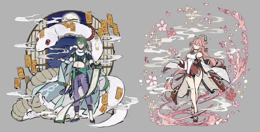 yae miko, baizhu, and changsheng (genshin impact) drawn by papajay_(jennygin2)