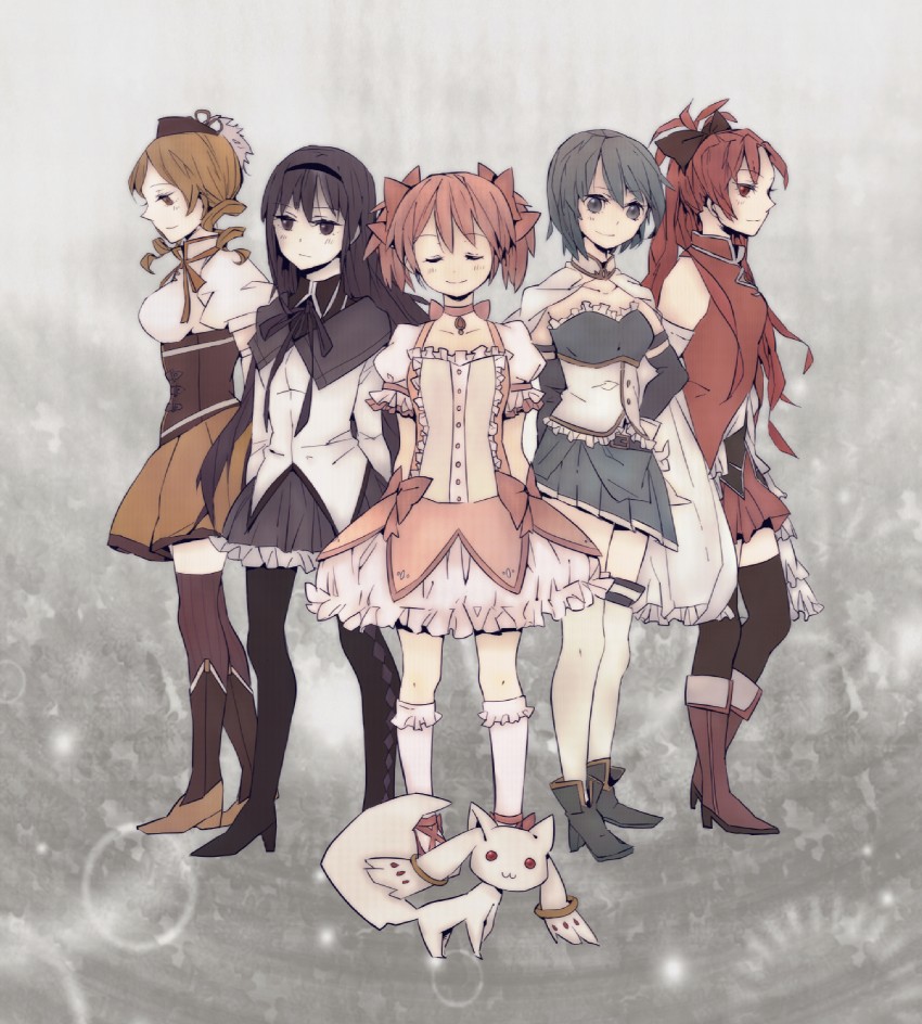 akemi homura, kaname madoka, miki sayaka, sakura kyoko, tomoe mami, and 1 more (mahou shoujo madoka magica) drawn by rino_(jeffpko)