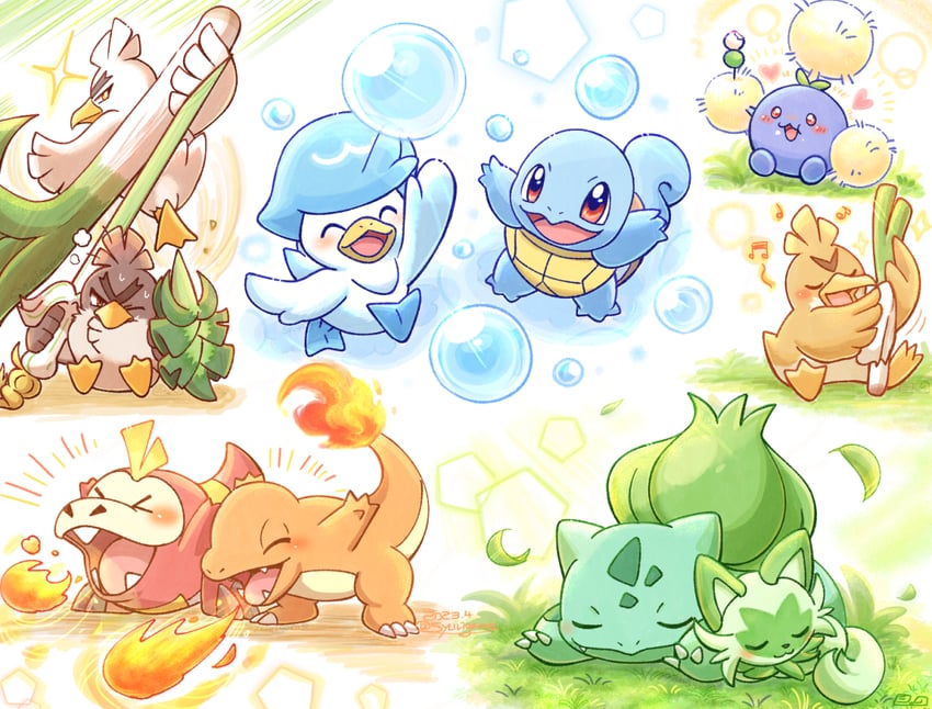 bulbasaur, sprigatito, squirtle, charmander, fuecoco, and 5 more (pokemon) drawn by shuri_(syurigame)