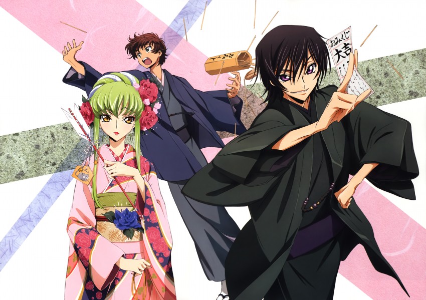 c.c., lelouch vi britannia, and kururugi suzaku (code geass) drawn by okayama_shinako