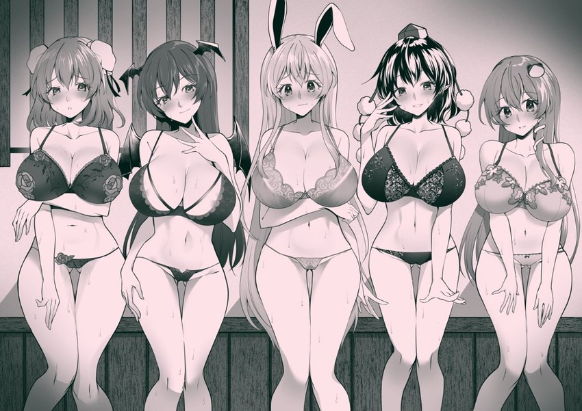 kochiya sanae, shameimaru aya, reisen udongein inaba, koakuma, and ibaraki kasen (touhou) drawn by kaede_(mmkeyy)