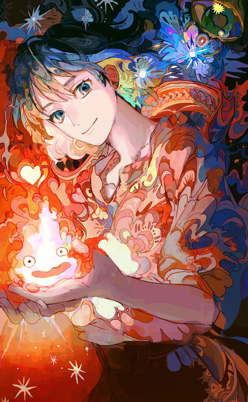 howl pendragon and calcifer (howl no ugoku shiro) drawn by yadu_nadu