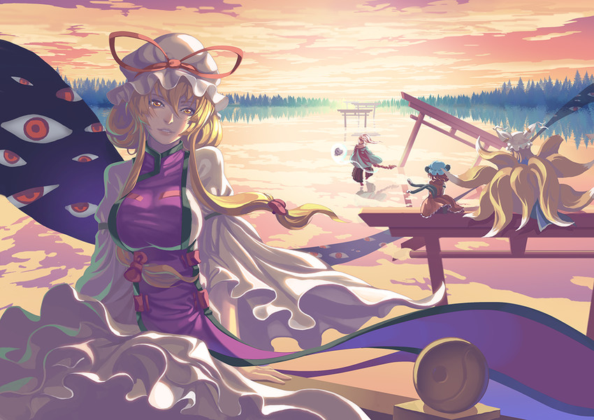 yakumo yukari, yakumo ran, chen, and konpaku youki (touhou) drawn by madyy