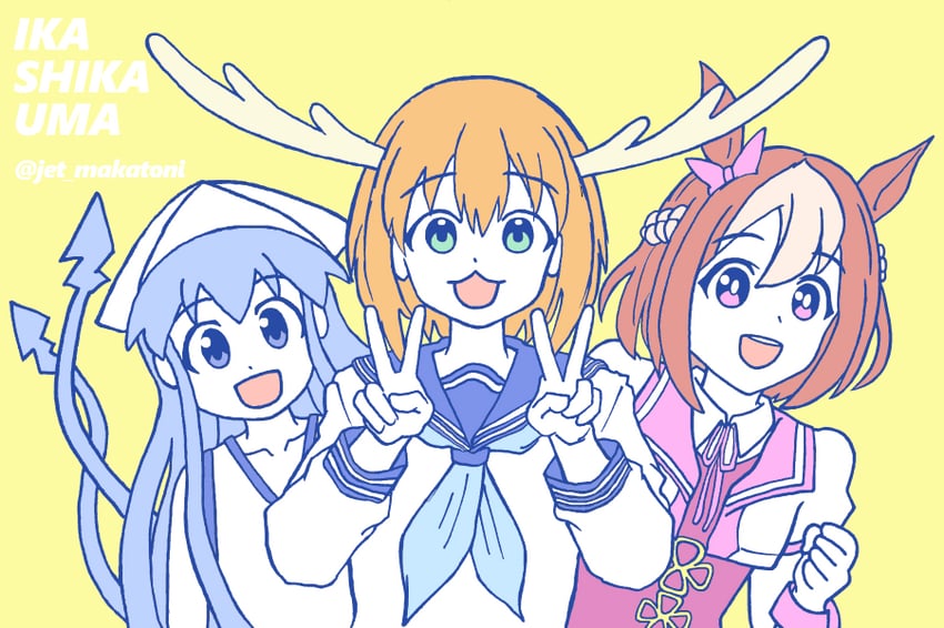 special week, ikamusume, and shikanoko noko (umamusume and 2 more) drawn by jet_makatoni