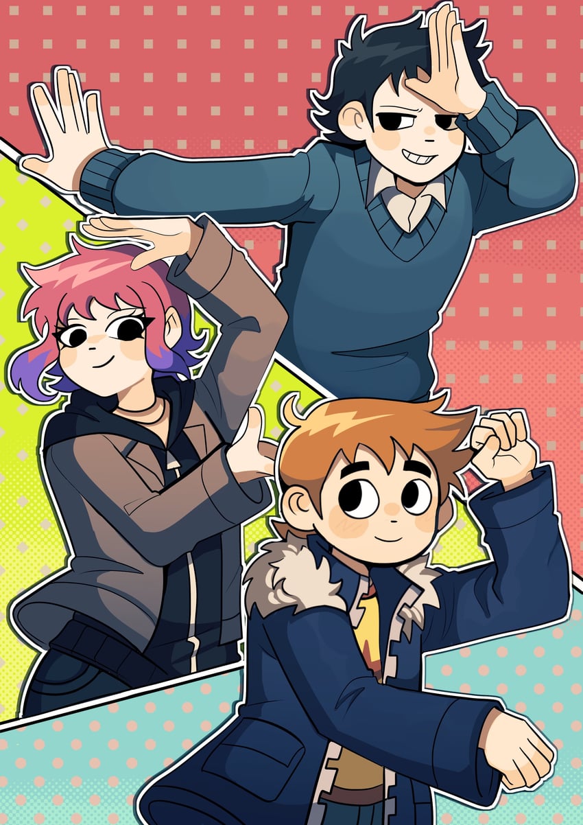 scott pilgrim, wallace wells, and ramona flowers (scott pilgrim and 3 more) drawn by bobamiruku