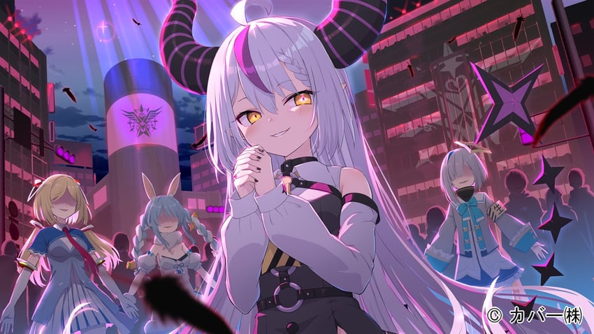 usada pekora, amane kanata, la+ darknesss, don-chan, and aki rosenthal (hololive) drawn by gotyou