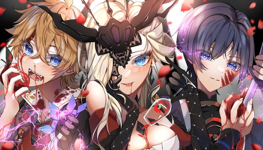 scaramouche, tartaglia, and signora (genshin impact) drawn by moderate_gold