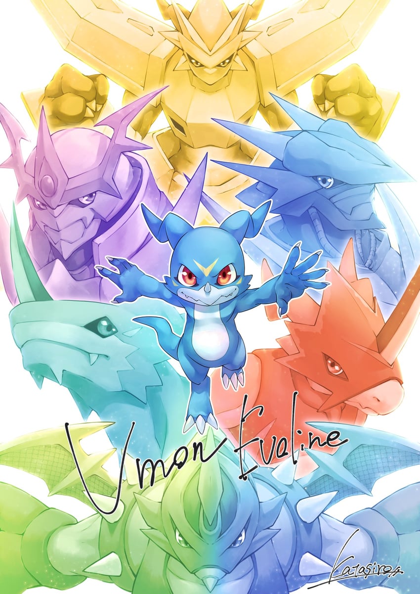v-mon, magnamon, imperialdramon, fladramon, ulforcev-dramon, and 3 more (digimon) drawn by katashiro_(58)