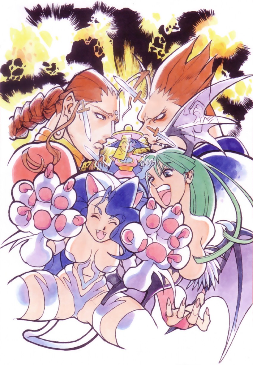 morrigan aensland, felicia, hsien-ko, demitri maximoff, and donovan baine (darkstalkers) drawn by bengus