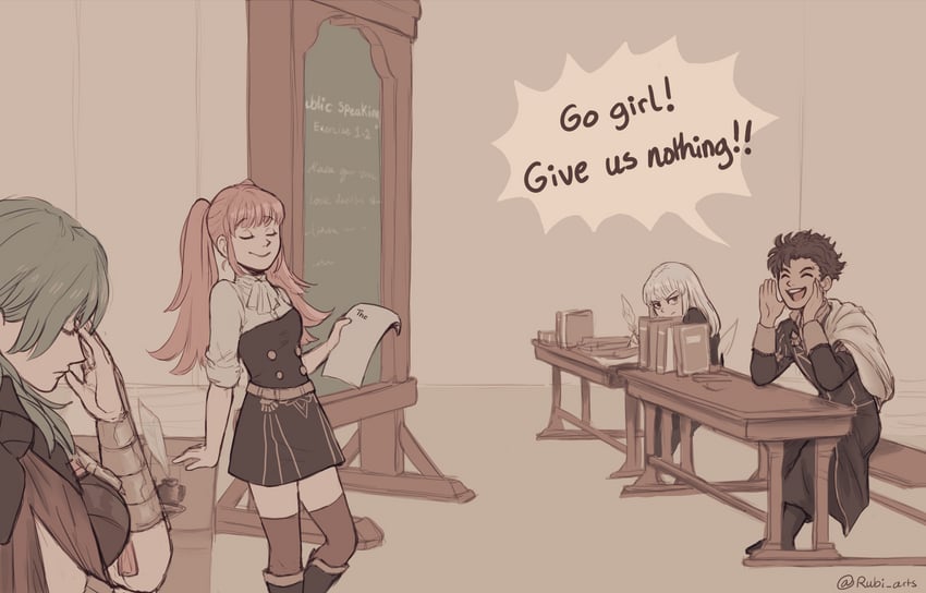 female byleth, hilda valentine goneril, lysithea von ordelia, and claude von riegan (fire emblem and 1 more) drawn by rubi_arts