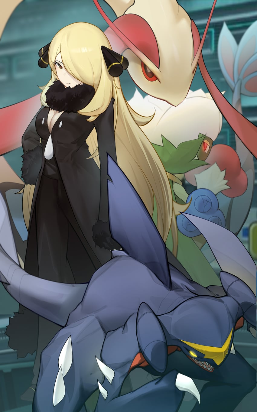 cynthia, garchomp, milotic, and roserade (pokemon and 1 more) drawn by xiyia_hua