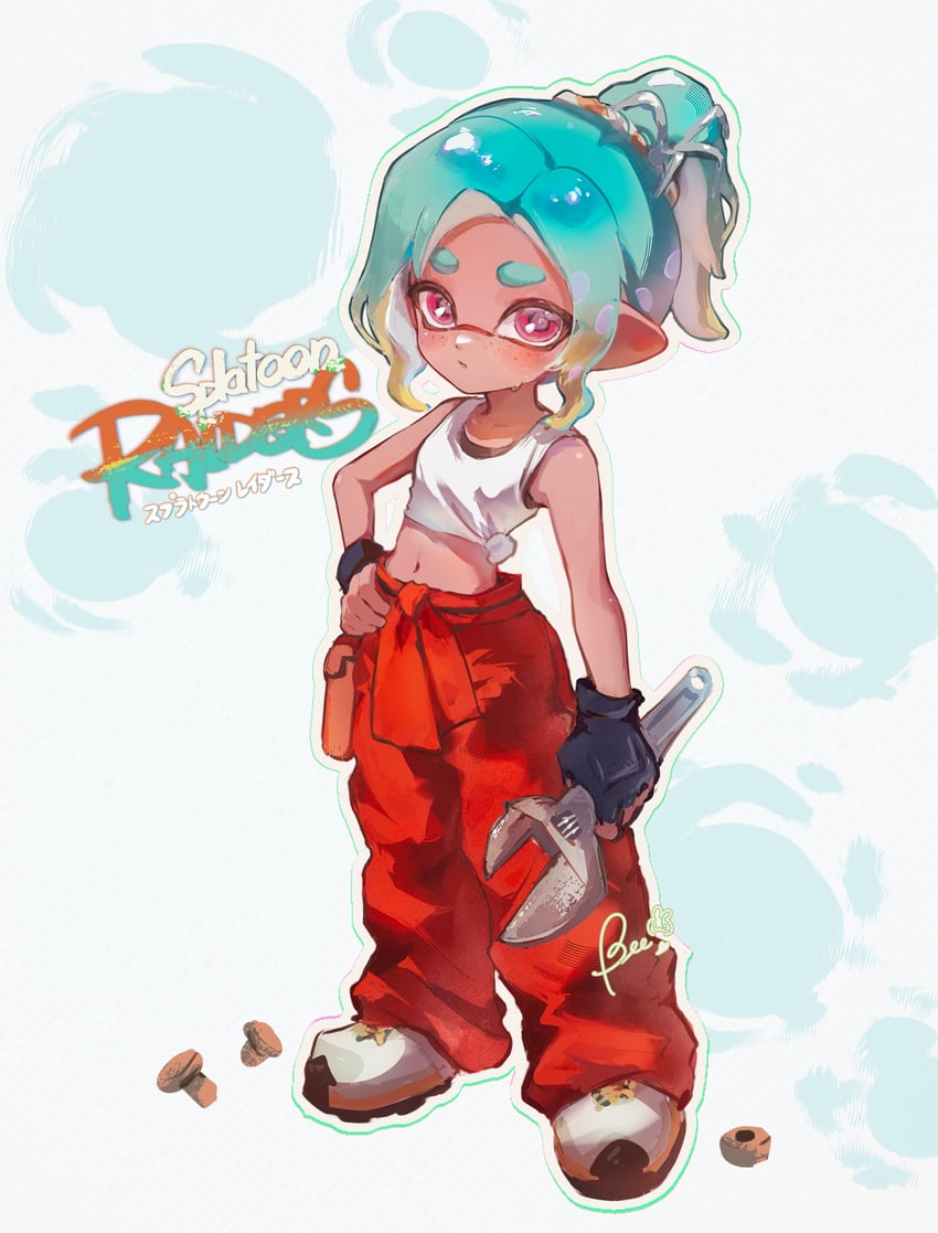 inkling player character, inkling girl, and mechanic (splatoon and 1 more) drawn by beebee1120
