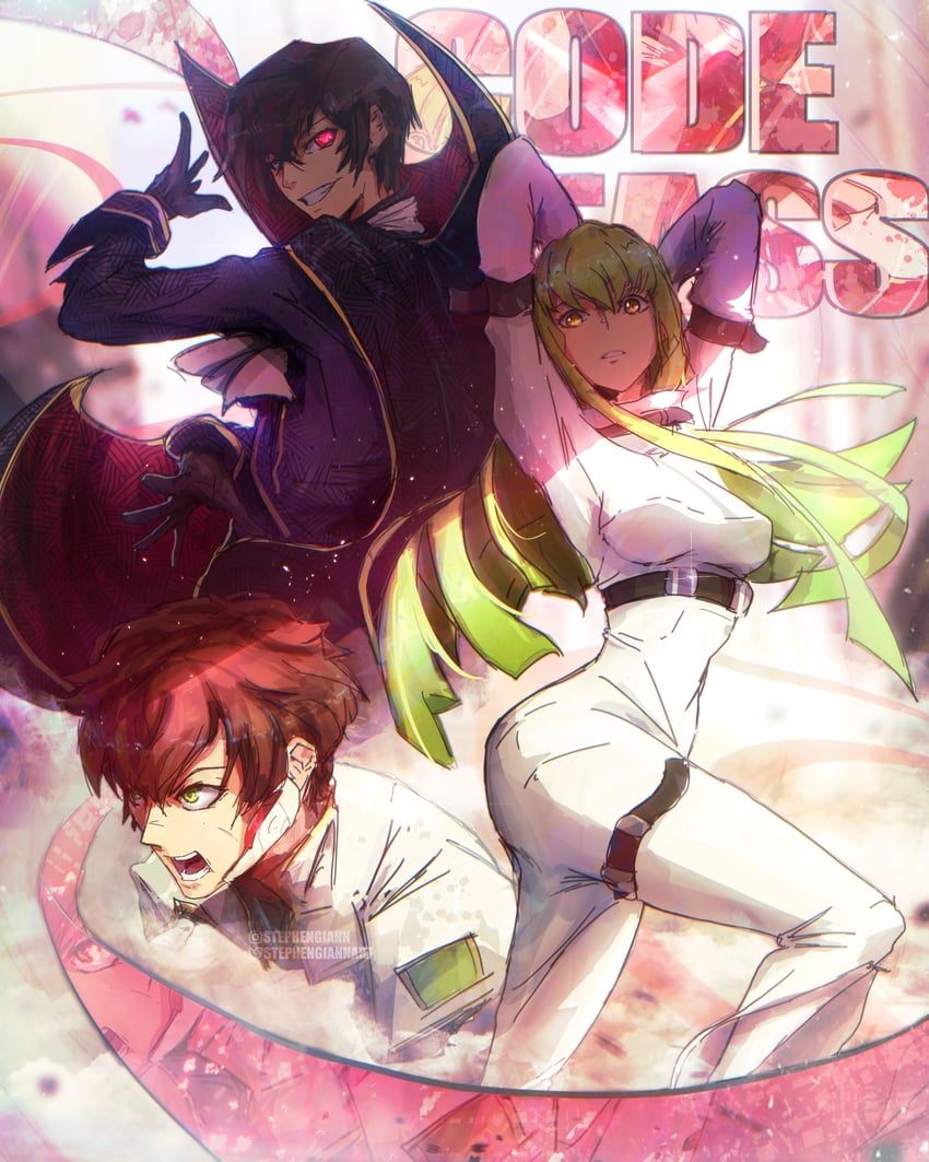 c.c., lelouch vi britannia, and kururugi suzaku (code geass) drawn by stephengiannart