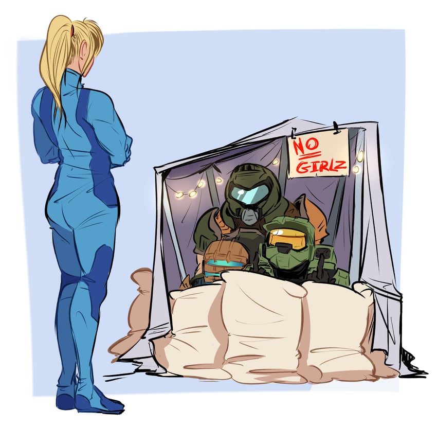 samus aran, doomguy, master chief, and isaac clarke (metroid and 4 more) drawn by narklos