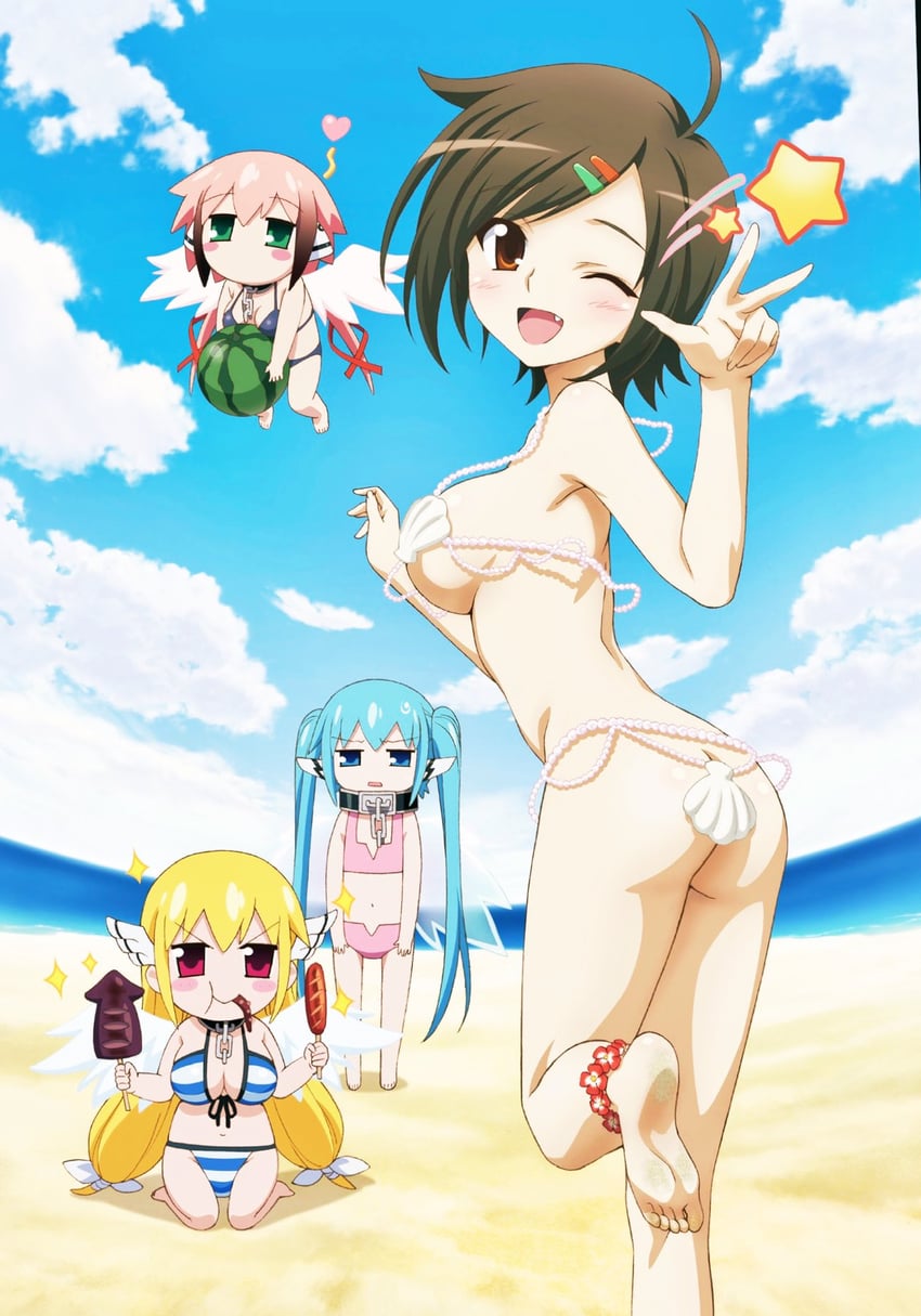 ikaros, nymph, astraea, sakurai tomoki, and tomoko (sora no otoshimono) drawn by watanabe_yoshihiro