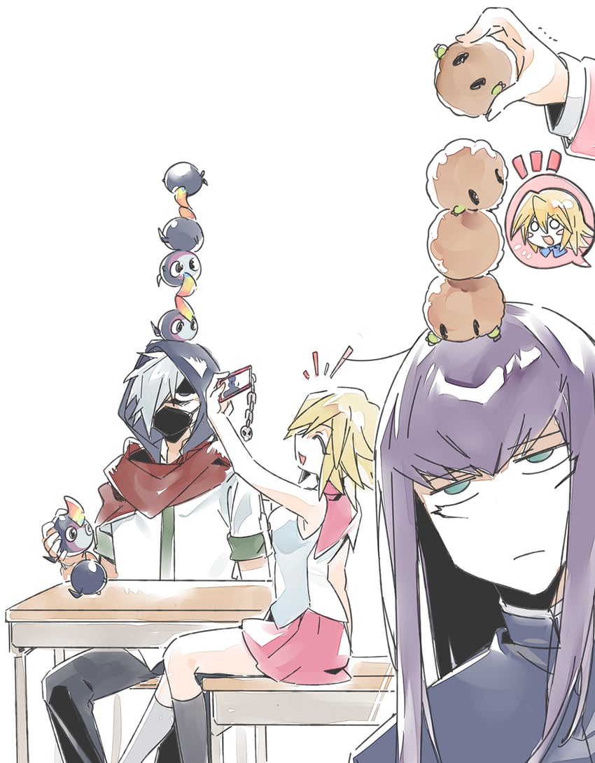 dark magician girl, dark magician, kuriboh, gagaga girl, gagaga magician, and 1 more (yu-gi-oh! and 1 more) drawn by 3_ma_me