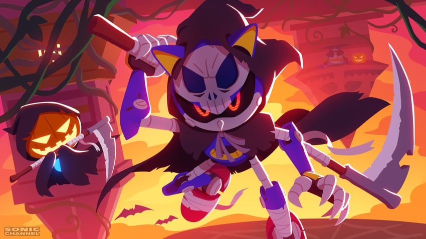 metal sonic, big the cat, and pumpkin ghost (sonic and 1 more) drawn by karasuno_yui