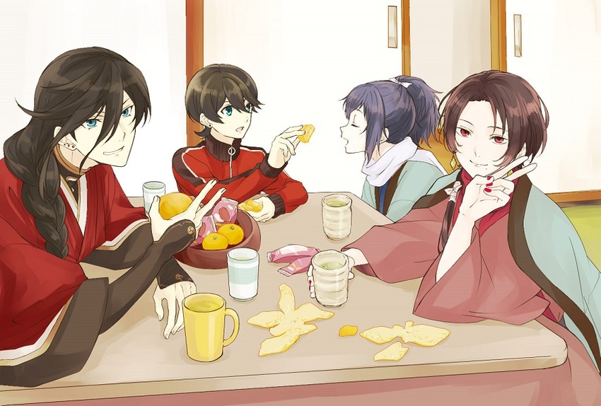kashuu kiyomitsu, yamato-no-kami yasusada, izumi-no-kami kanesada, and horikawa kunihiro (touken ranbu) drawn by yamazaki_mitsuko