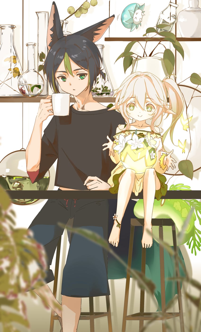 nahida, tighnari, slime, and fungi (genshin impact) drawn by bingzhen_h2o